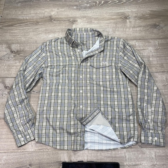 Huk Shirt Mens Large Green Plaid Performance Fishing Button Up Roll Tab Vented - Picture 1 of 5